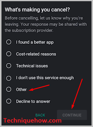 Cómo cancelar tu suscripción a Facetune Seleccione el motivo y haga clic en el botón Continuar.