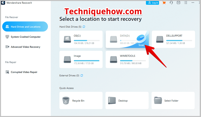 Wondershare Recoverit haga clic en Escanear