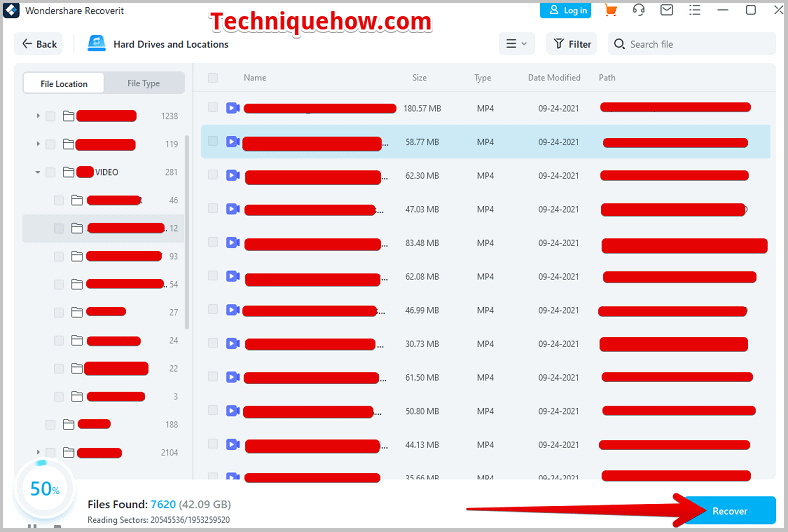 Wondershare Recoverit haga clic en Recuperar