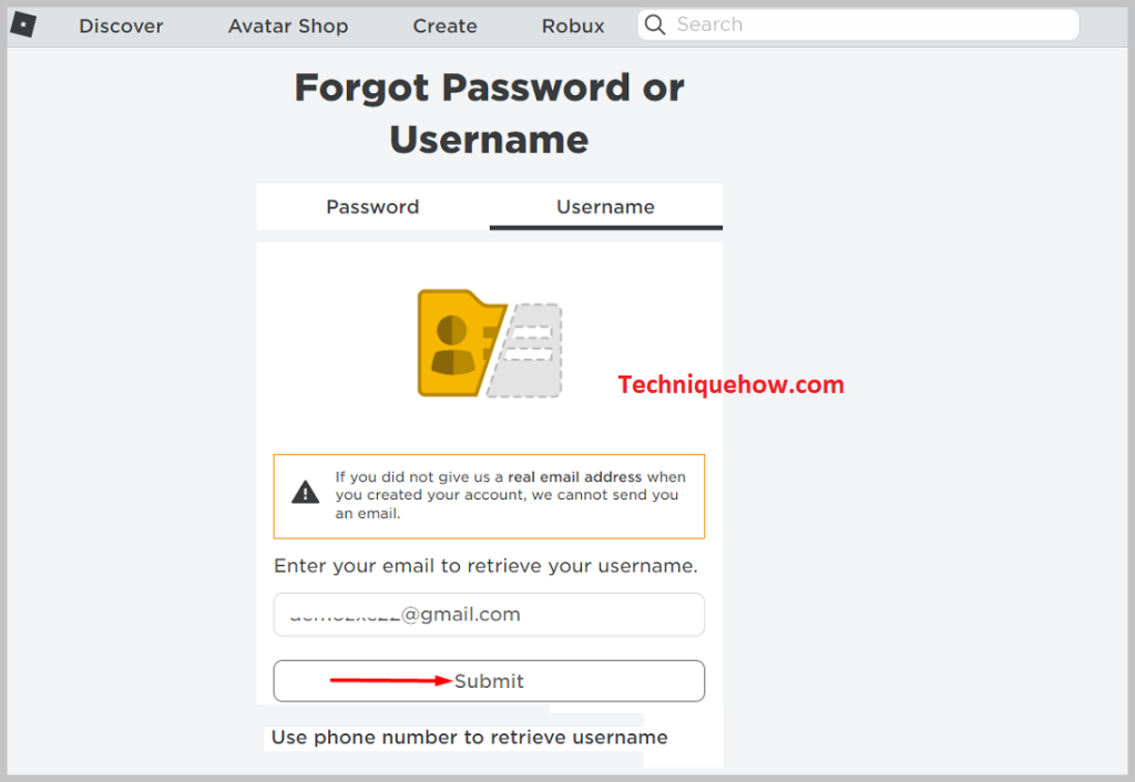 ingresa tu dirección de correo electrónico vinculada a tu Roblox 
