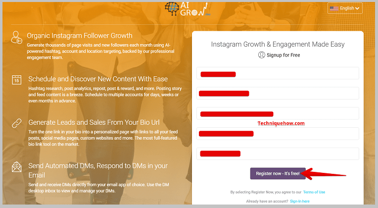 AiGrow crea una cuenta